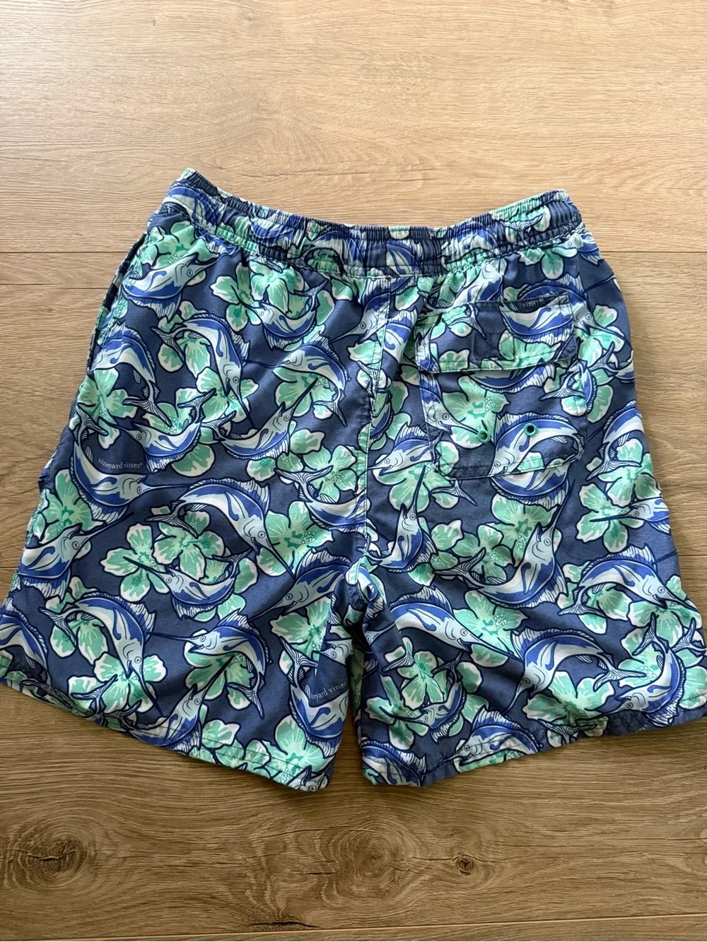 Vineyard Vines Navy Swim Trunks with Green & Light Blue Marlin Print Youth M